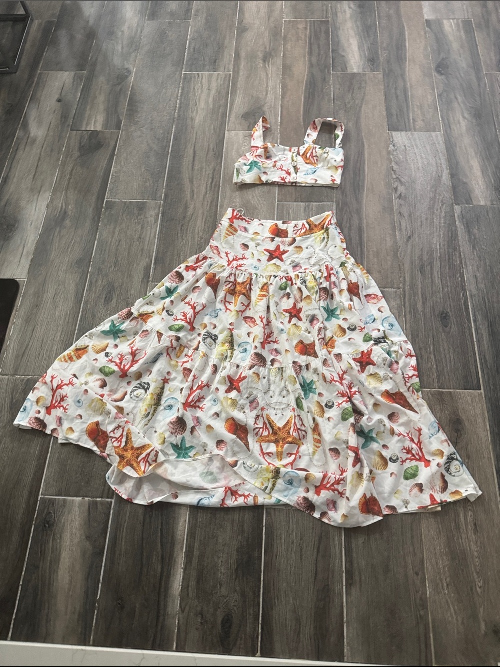 Commense White Ocean-Print Circle Skirt with Starfish & Shells